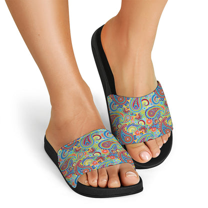 Asian Paisley Pattern Print Black Slide Sandals