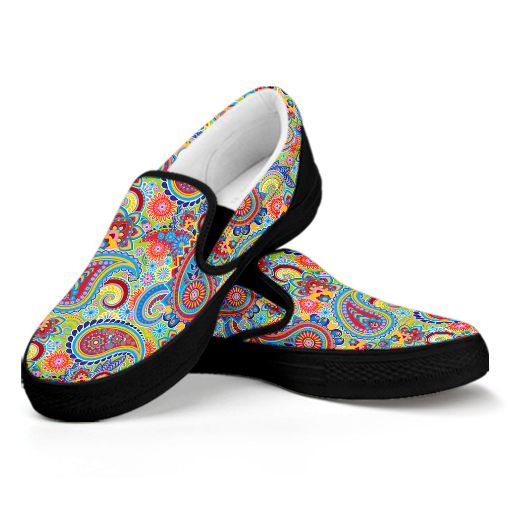 Asian Paisley Pattern Print Black Slip On Shoes