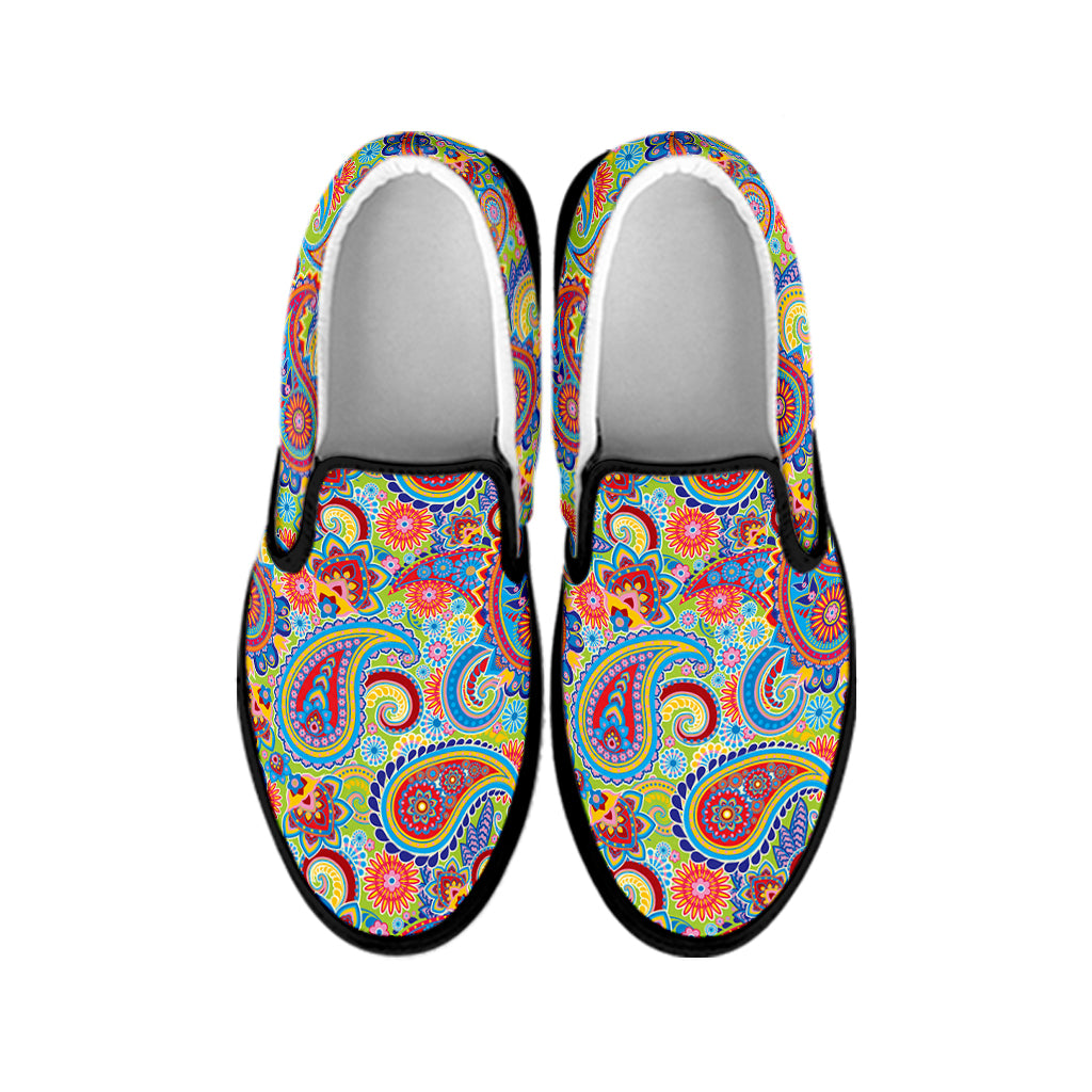Asian Paisley Pattern Print Black Slip On Shoes