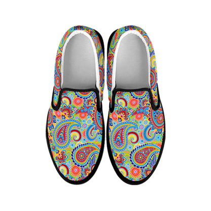 Asian Paisley Pattern Print Black Slip On Shoes
