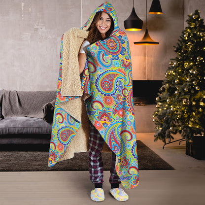 Asian Paisley Pattern Print Hooded Blanket