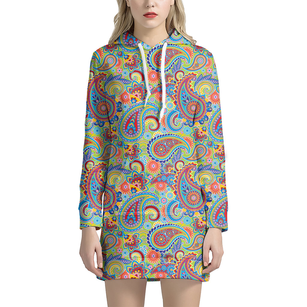 Asian Paisley Pattern Print Hoodie Dress