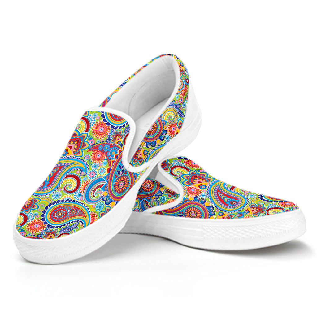 Asian Paisley Pattern Print White Slip On Shoes