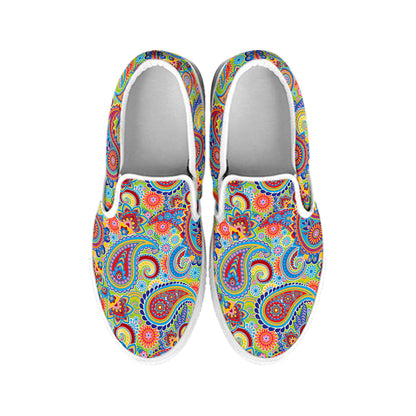 Asian Paisley Pattern Print White Slip On Shoes