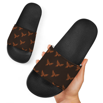 Asian Phoenix Pattern Print Black Slide Sandals