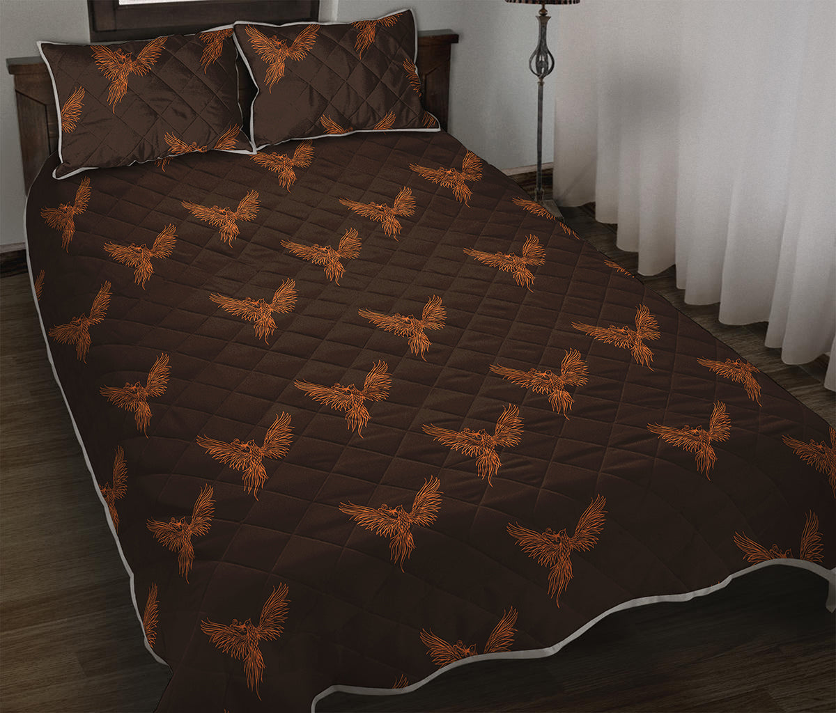 Asian Phoenix Pattern Print Quilt Bed Set