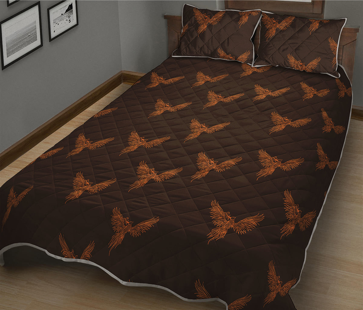 Asian Phoenix Pattern Print Quilt Bed Set