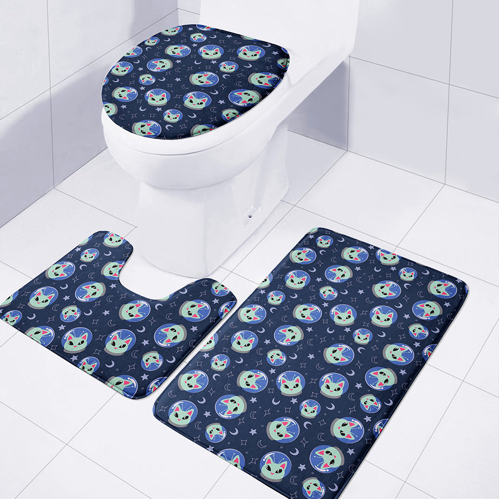 Astronaut Alien Cat Print 3 Piece Bath Mat Set