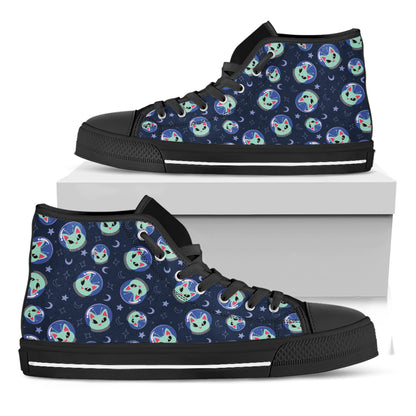 Astronaut Alien Cat Print Black High Top Shoes