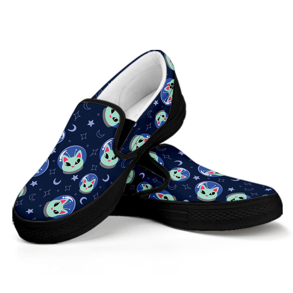Astronaut Alien Cat Print Black Slip On Shoes