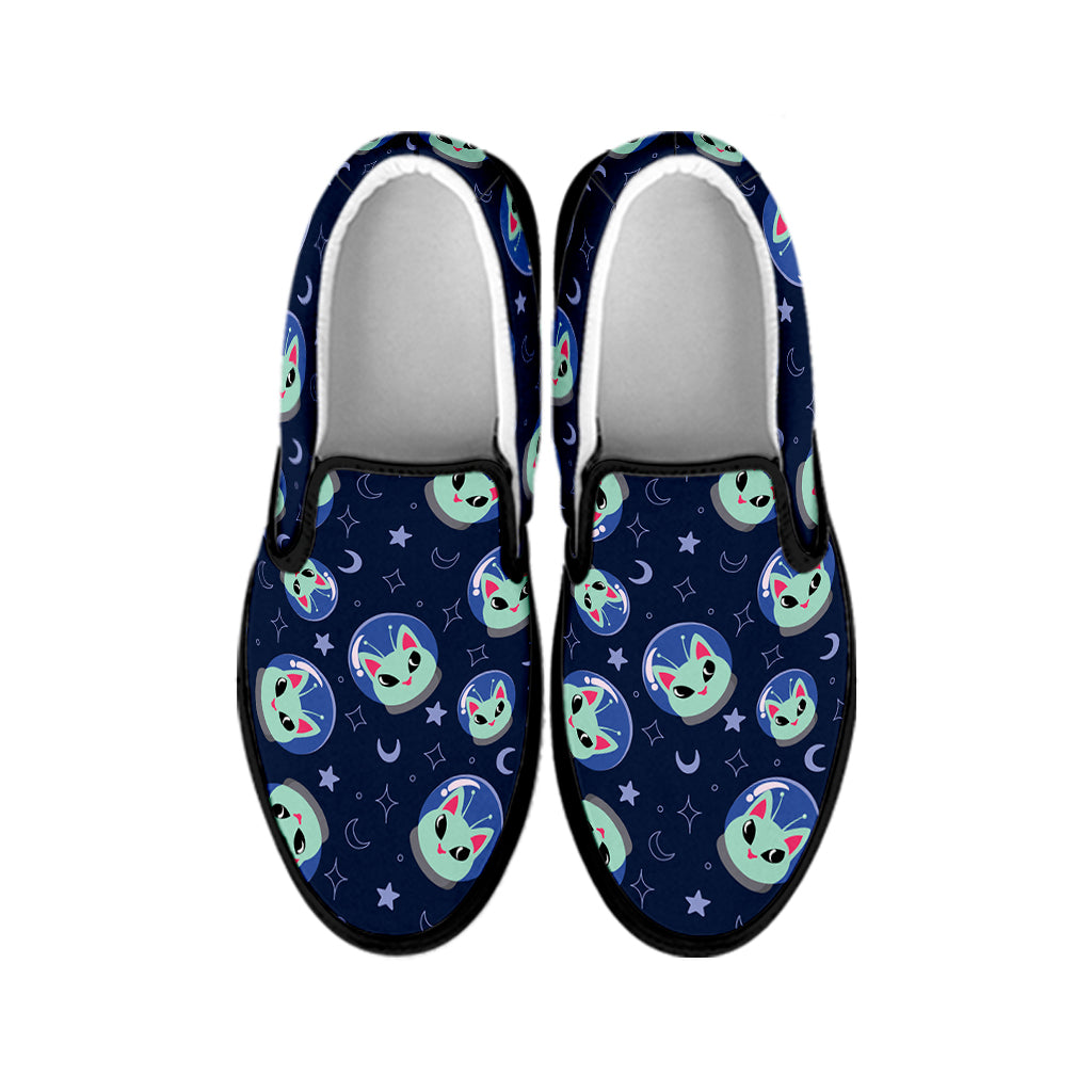 Astronaut Alien Cat Print Black Slip On Shoes