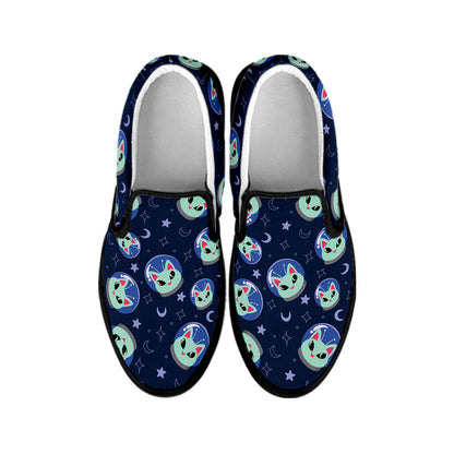 Astronaut Alien Cat Print Black Slip On Shoes