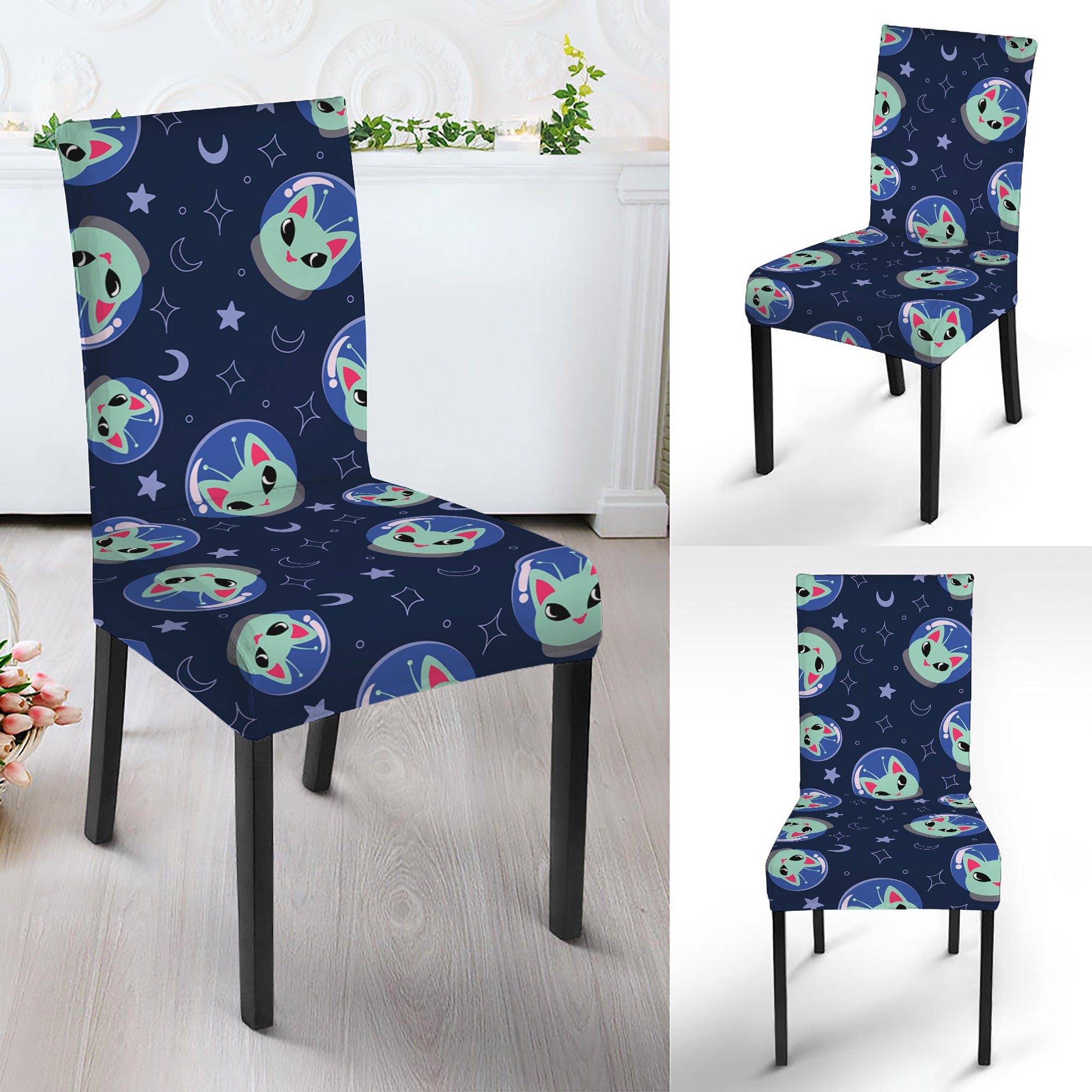 Astronaut Alien Cat Print Dining Chair Slipcover