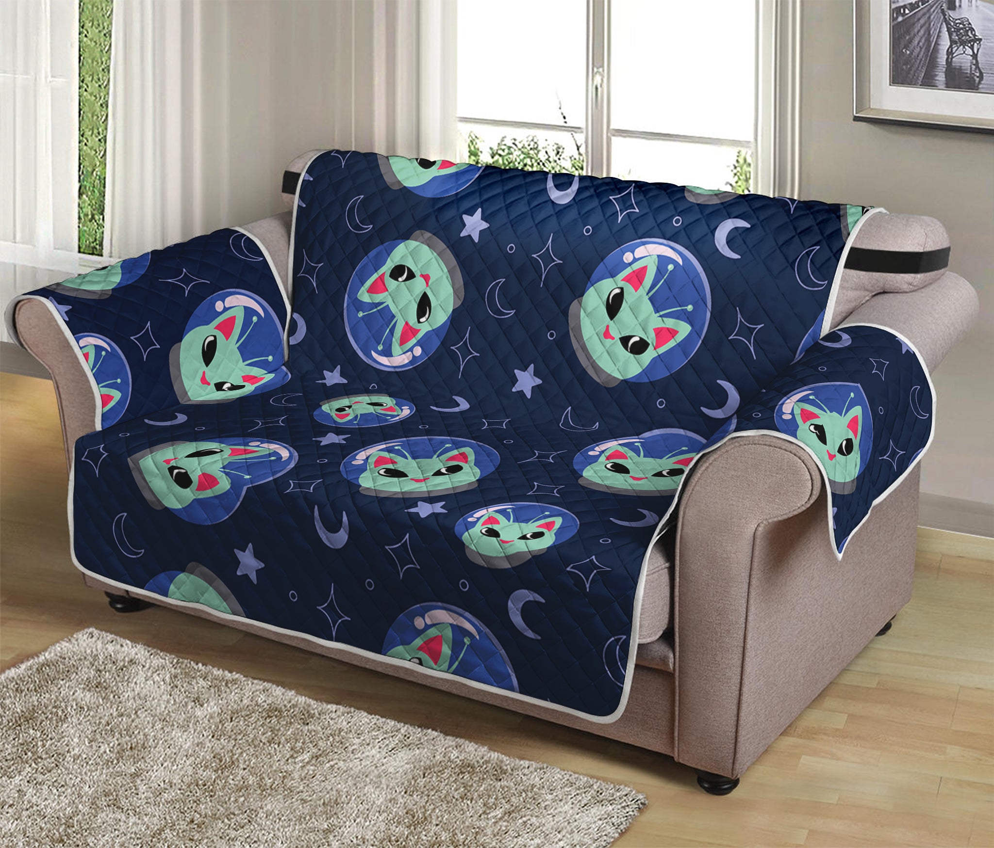 Astronaut Alien Cat Print Loveseat Protector