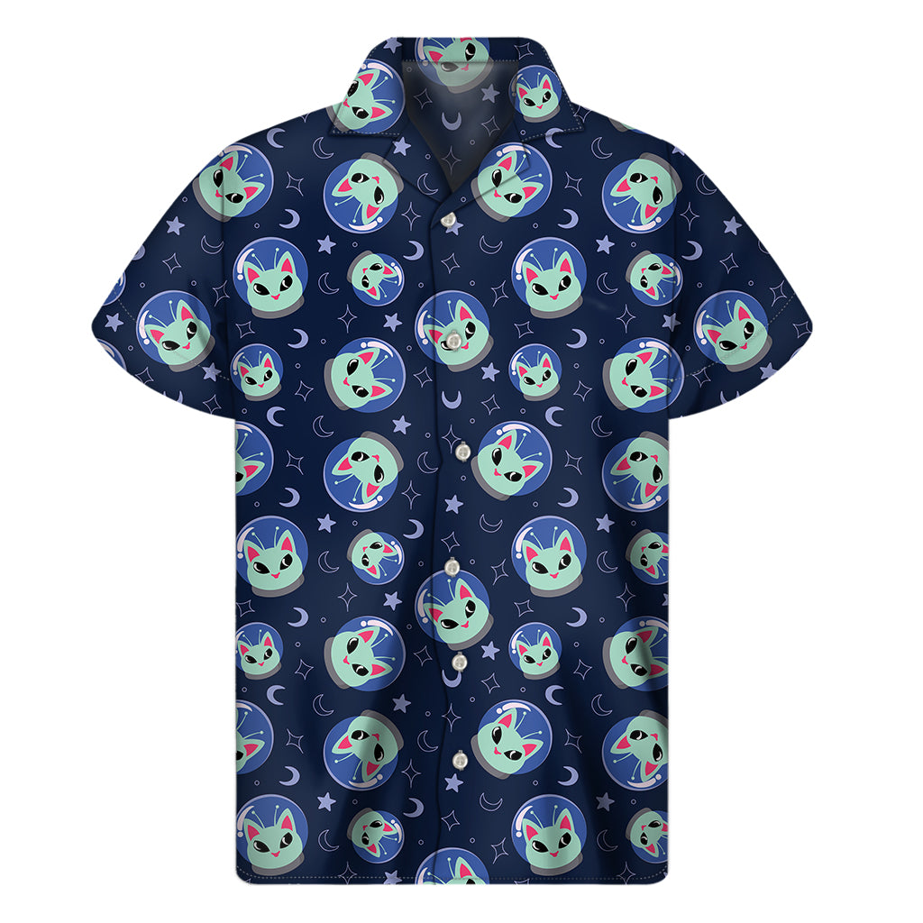 Astronaut Alien Cat Print Men's Short Sleeve Shirt
