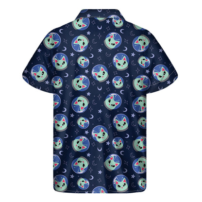 Astronaut Alien Cat Print Men's Short Sleeve Shirt