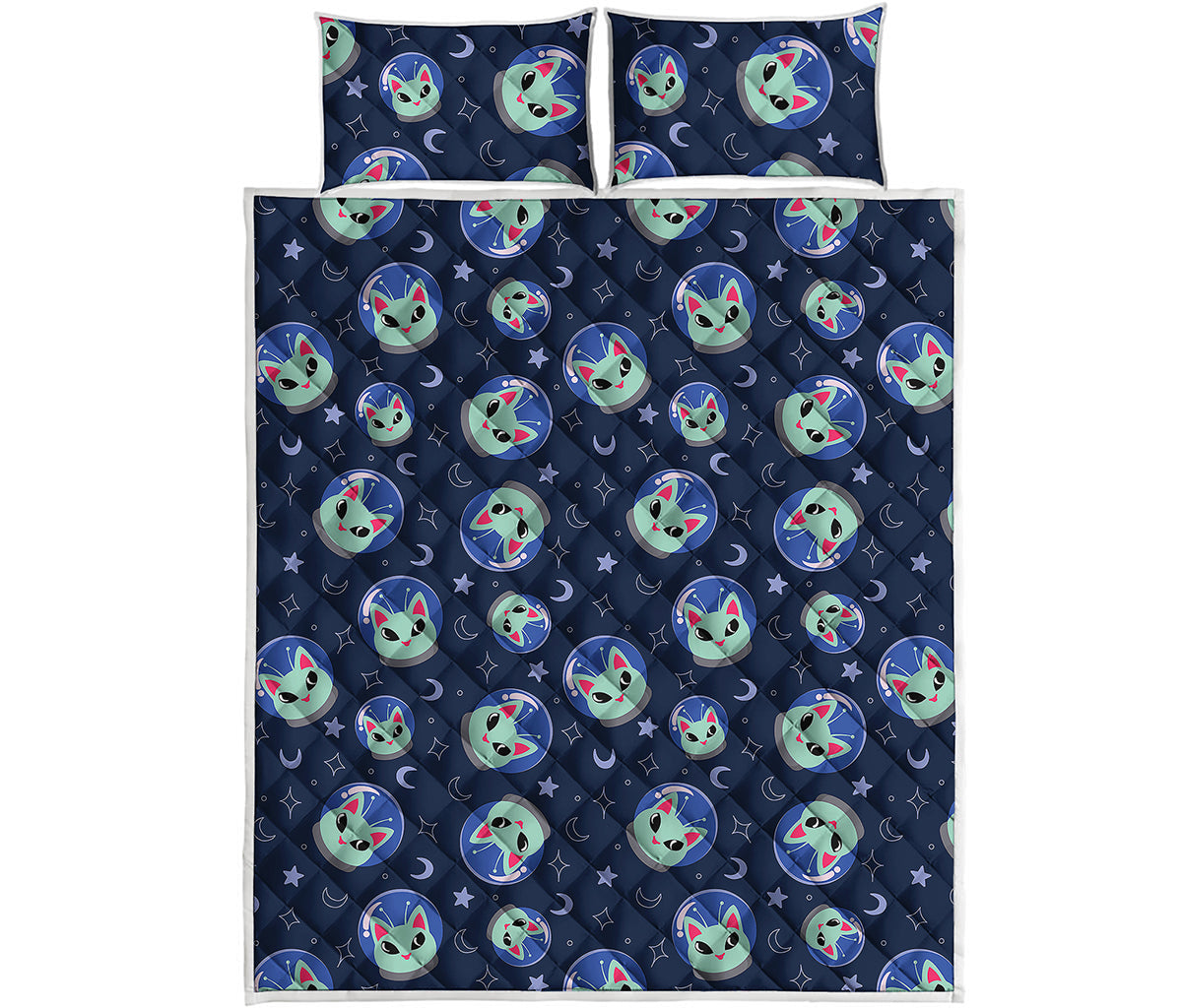 Astronaut Alien Cat Print Quilt Bed Set