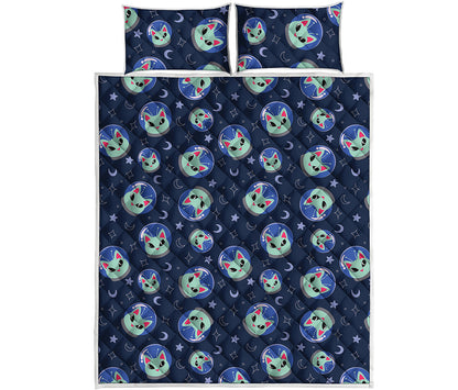 Astronaut Alien Cat Print Quilt Bed Set