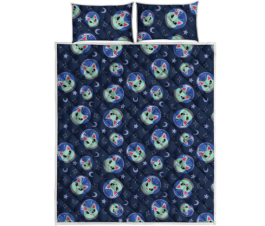 Astronaut Alien Cat Print Quilt Bed Set