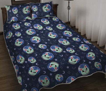 Astronaut Alien Cat Print Quilt Bed Set
