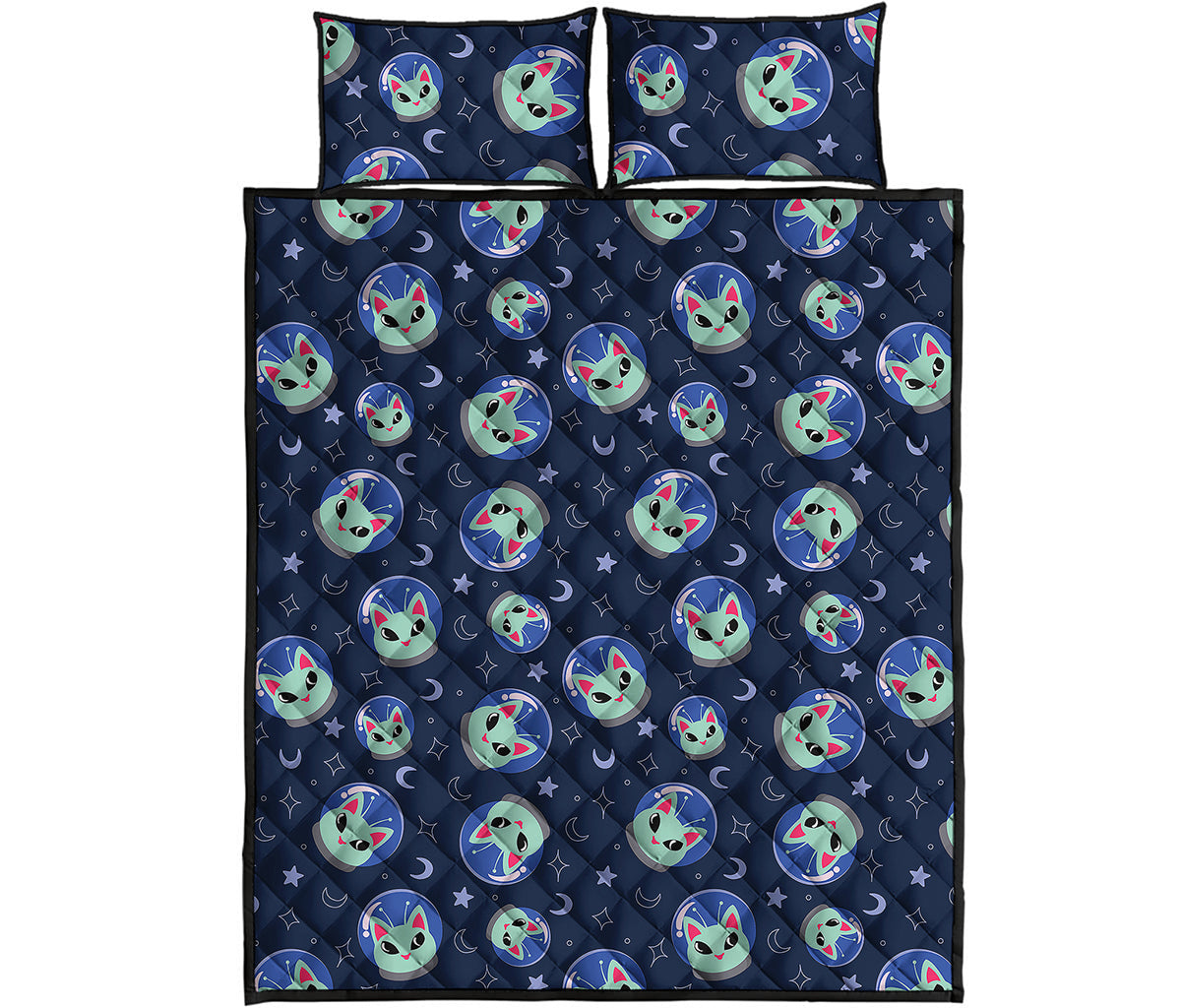 Astronaut Alien Cat Print Quilt Bed Set