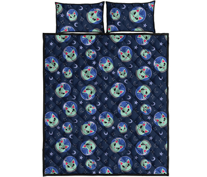 Astronaut Alien Cat Print Quilt Bed Set