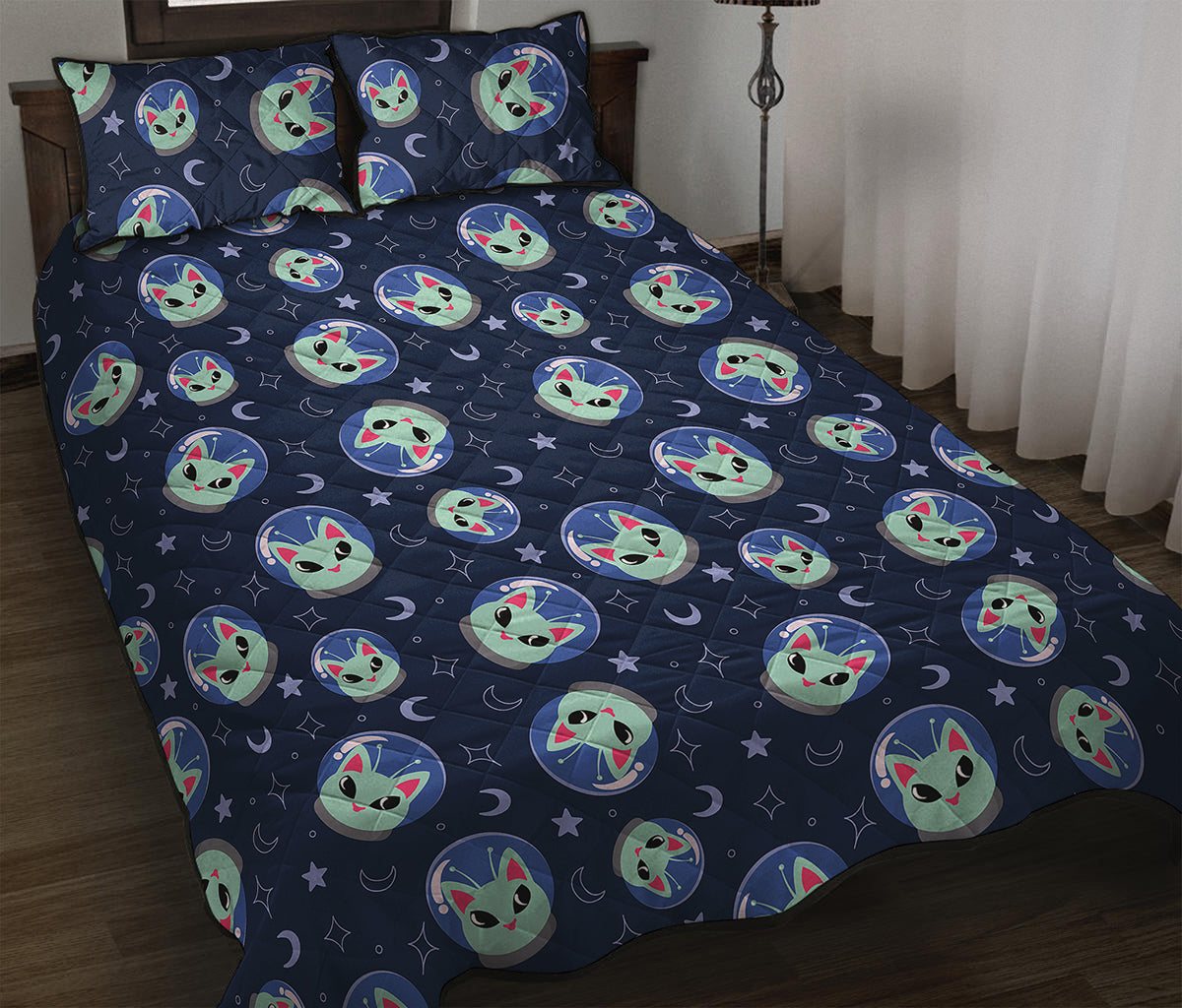 Astronaut Alien Cat Print Quilt Bed Set