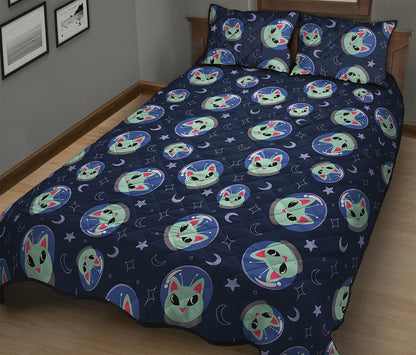 Astronaut Alien Cat Print Quilt Bed Set