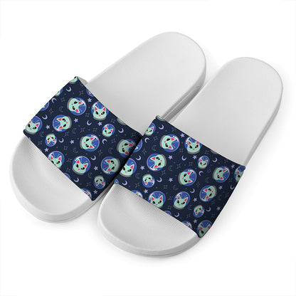 Astronaut Alien Cat Print White Slide Sandals