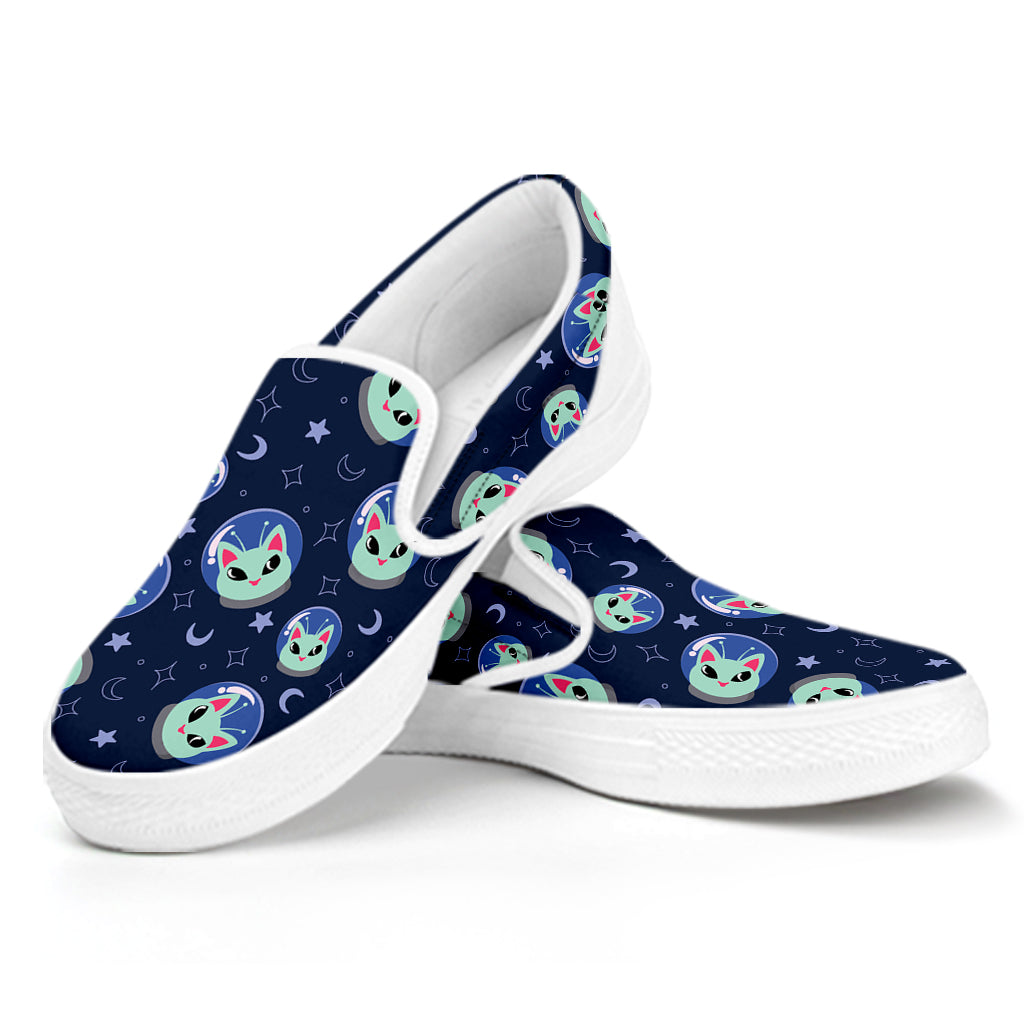 Astronaut Alien Cat Print White Slip On Shoes