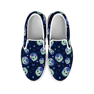 Astronaut Alien Cat Print White Slip On Shoes