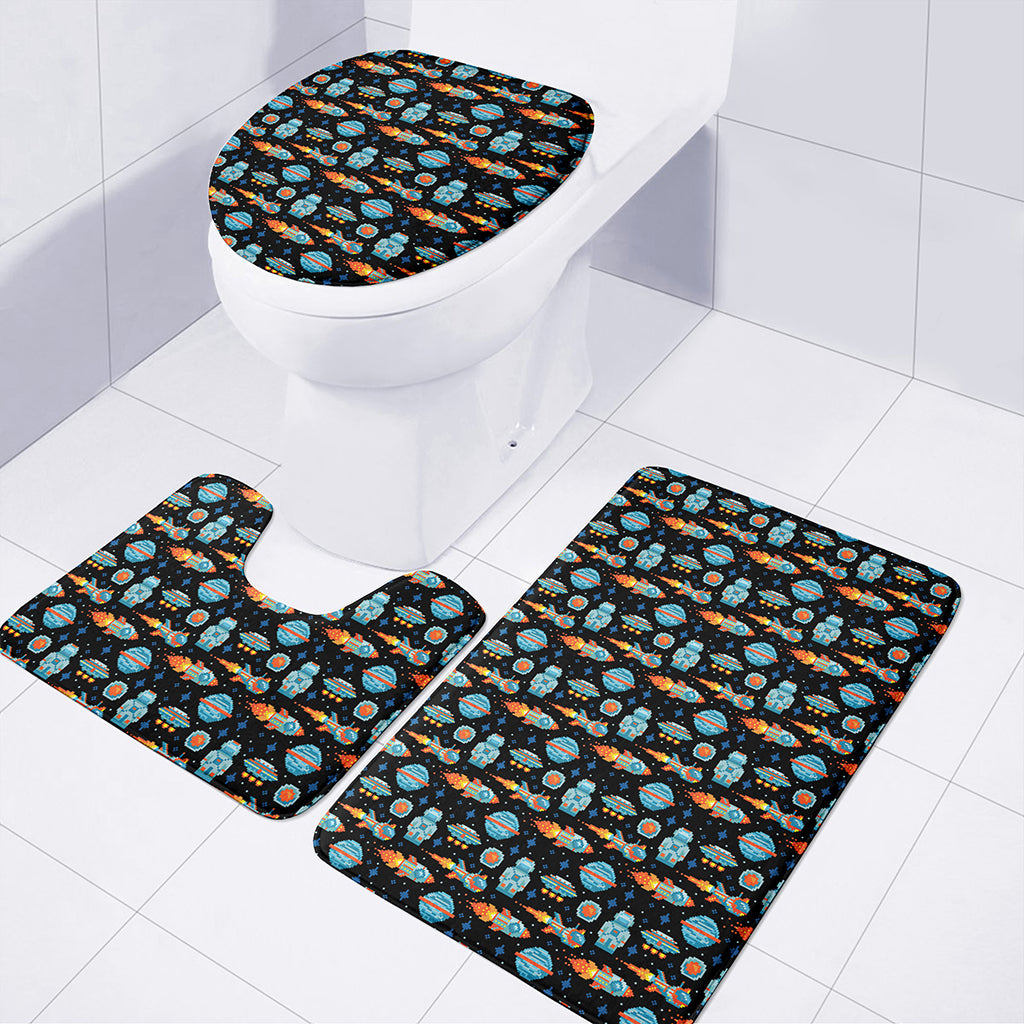 Astronaut And Space Pixel Pattern Print 3 Piece Bath Mat Set