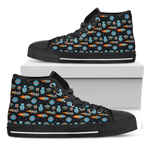 Astronaut And Space Pixel Pattern Print Black High Top Shoes