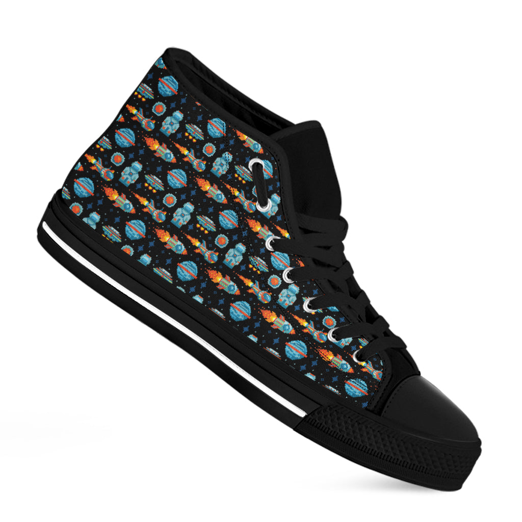Astronaut And Space Pixel Pattern Print Black High Top Shoes