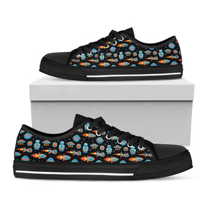 Astronaut And Space Pixel Pattern Print Black Low Top Shoes