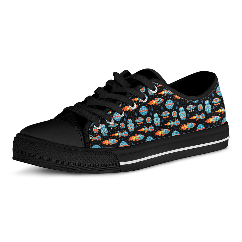 Astronaut And Space Pixel Pattern Print Black Low Top Shoes
