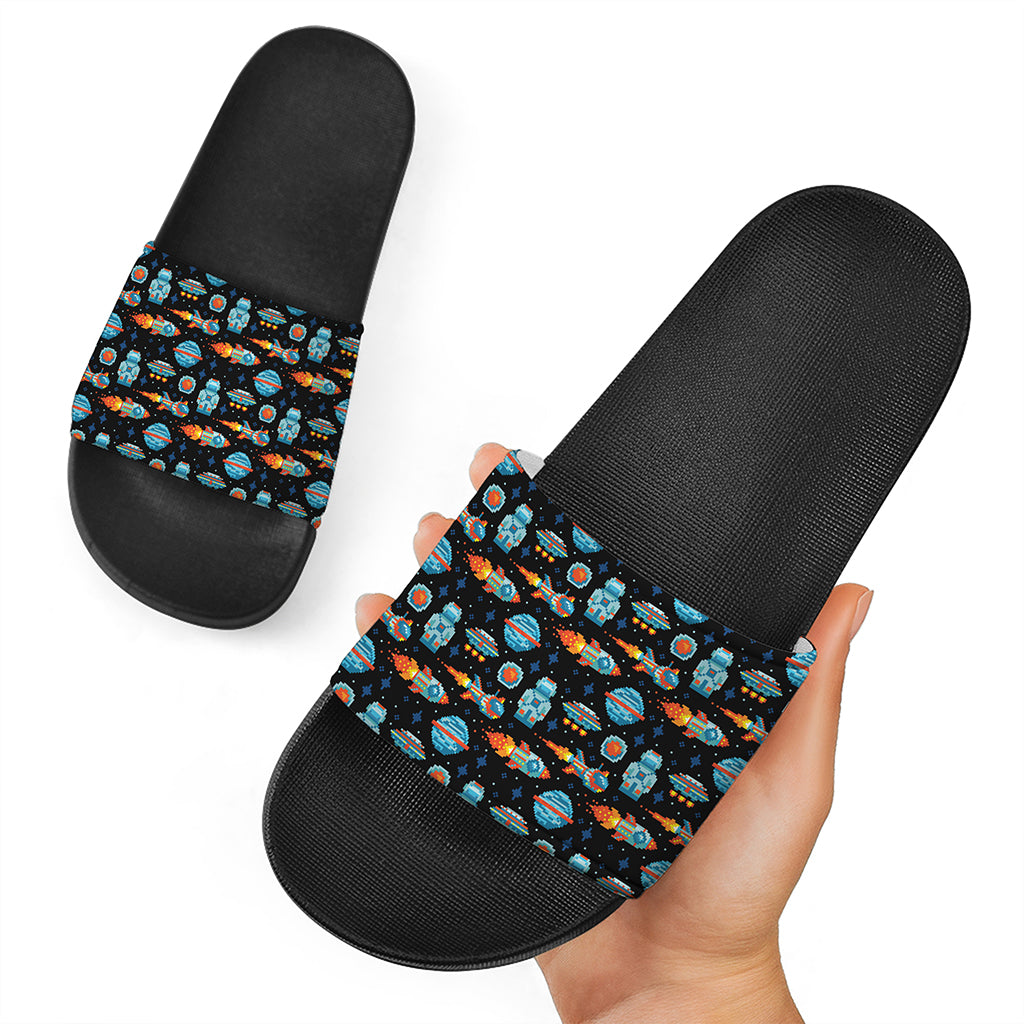 Astronaut And Space Pixel Pattern Print Black Slide Sandals