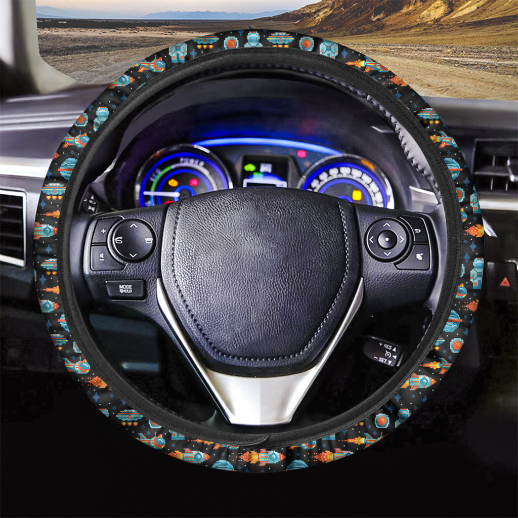 Astronaut And Space Pixel Pattern Print Car Steering Wheel Cover