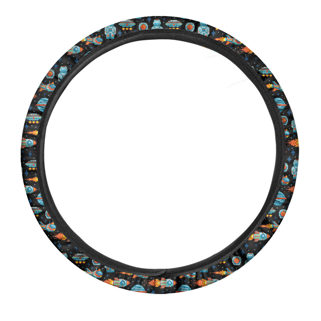 Astronaut And Space Pixel Pattern Print Car Steering Wheel Cover