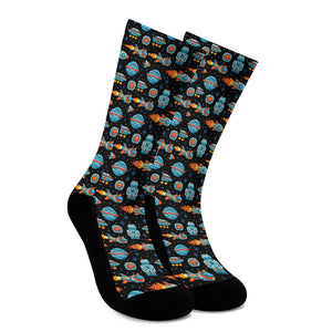 Astronaut And Space Pixel Pattern Print Crew Socks