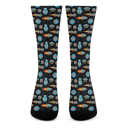 Astronaut And Space Pixel Pattern Print Crew Socks