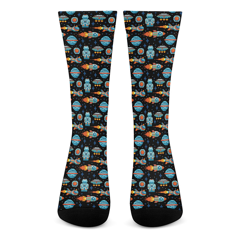 Astronaut And Space Pixel Pattern Print Crew Socks