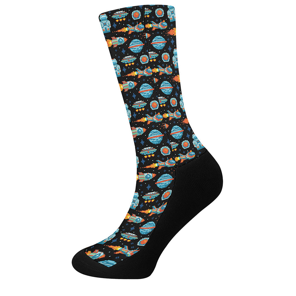 Astronaut And Space Pixel Pattern Print Crew Socks