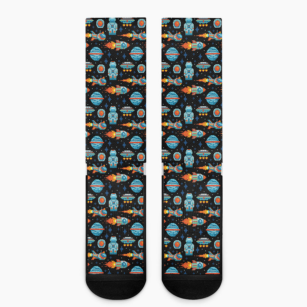 Astronaut And Space Pixel Pattern Print Crew Socks