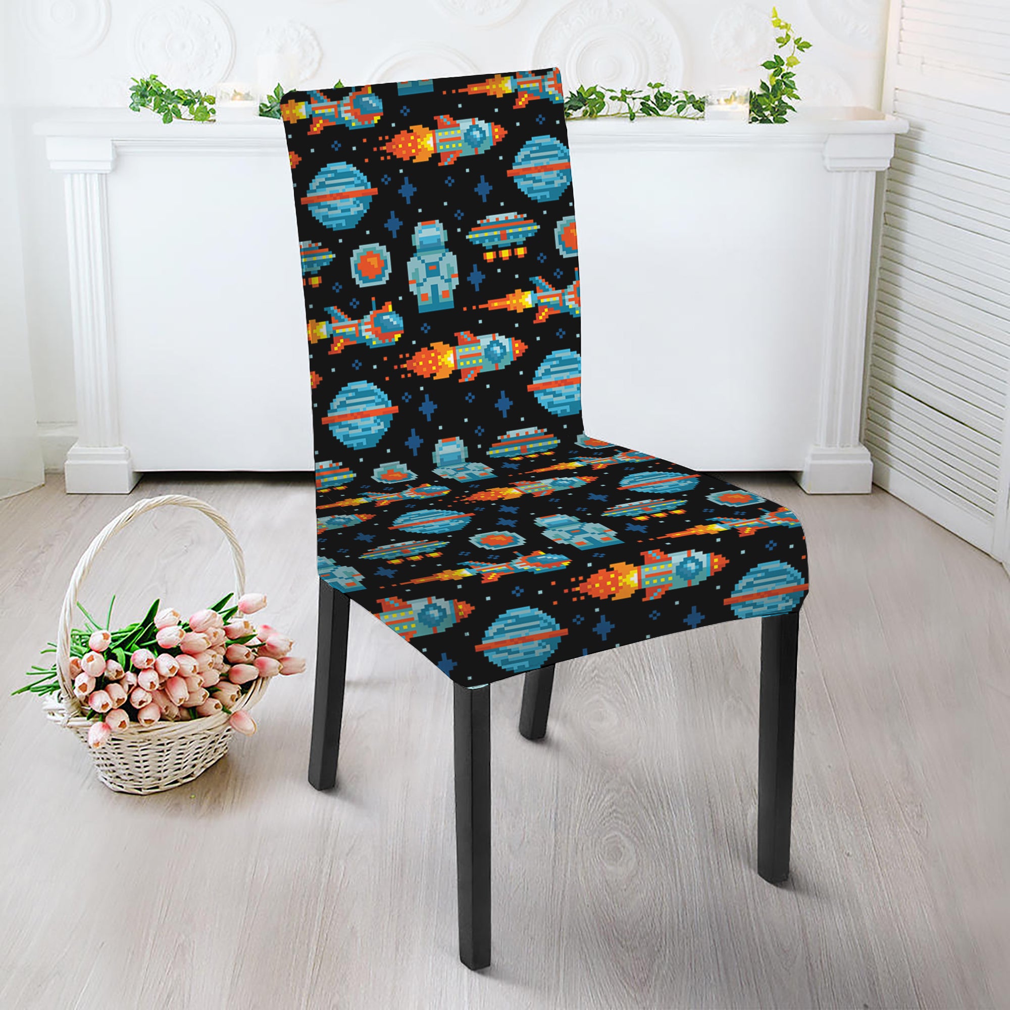 Astronaut And Space Pixel Pattern Print Dining Chair Slipcover