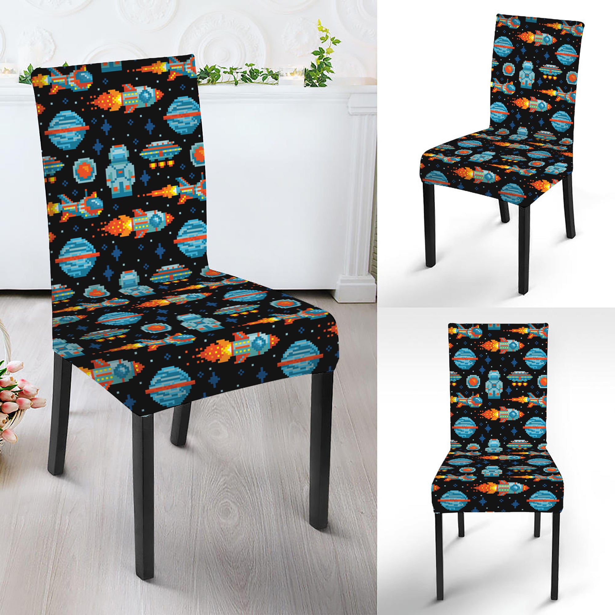 Astronaut And Space Pixel Pattern Print Dining Chair Slipcover