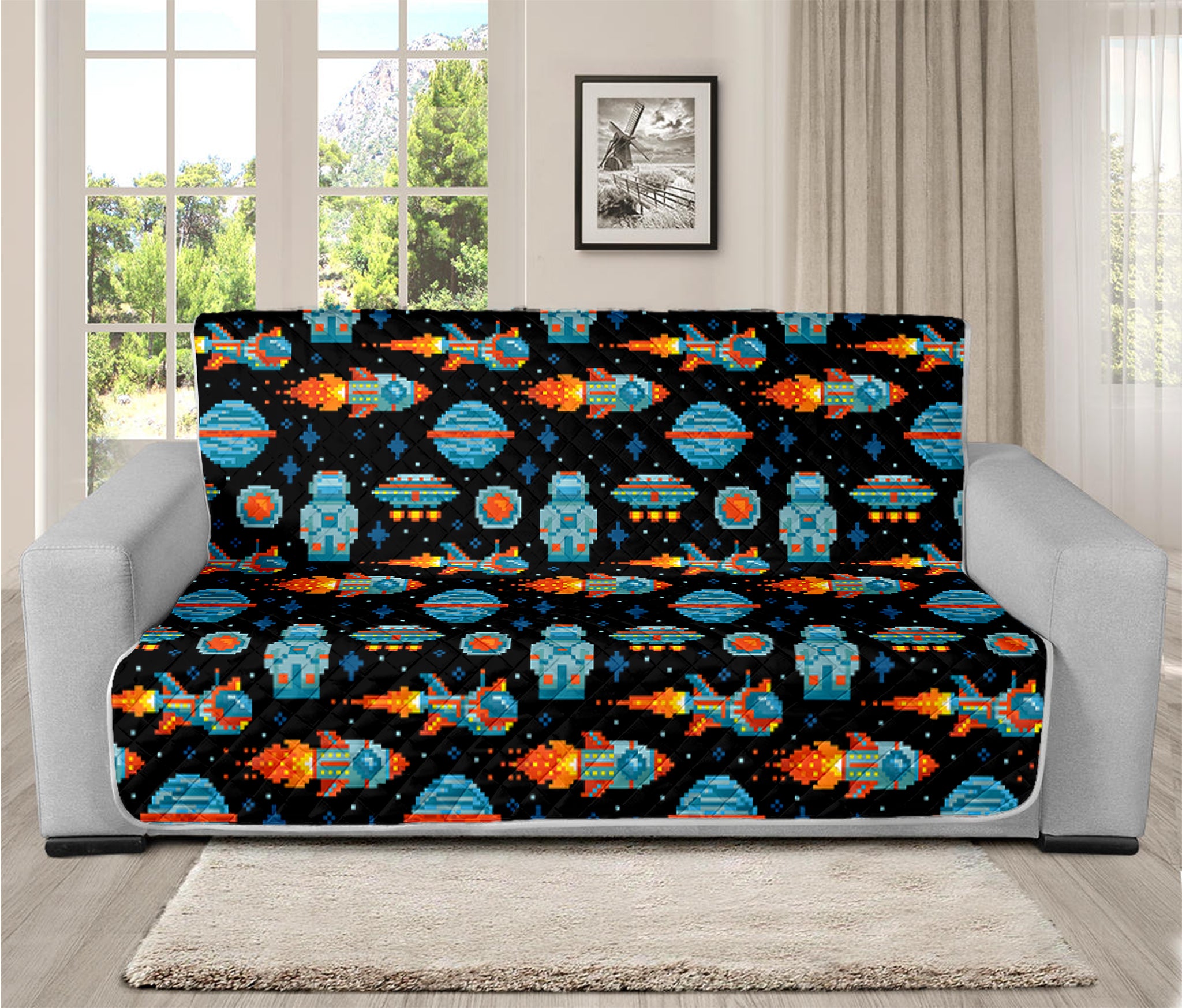 Astronaut And Space Pixel Pattern Print Futon Protector