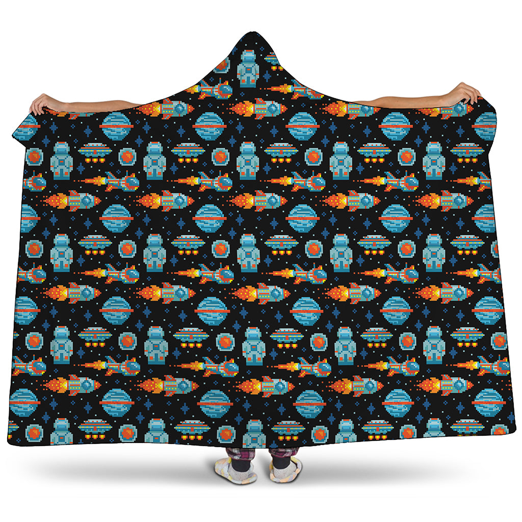 Astronaut And Space Pixel Pattern Print Hooded Blanket