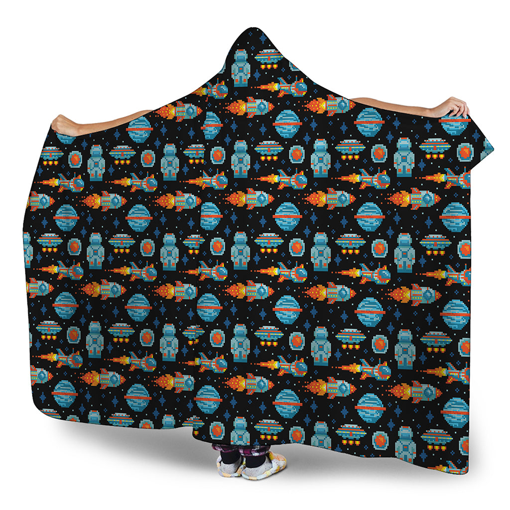 Astronaut And Space Pixel Pattern Print Hooded Blanket