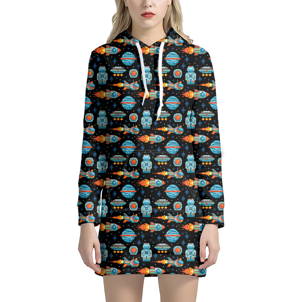 Astronaut And Space Pixel Pattern Print Hoodie Dress